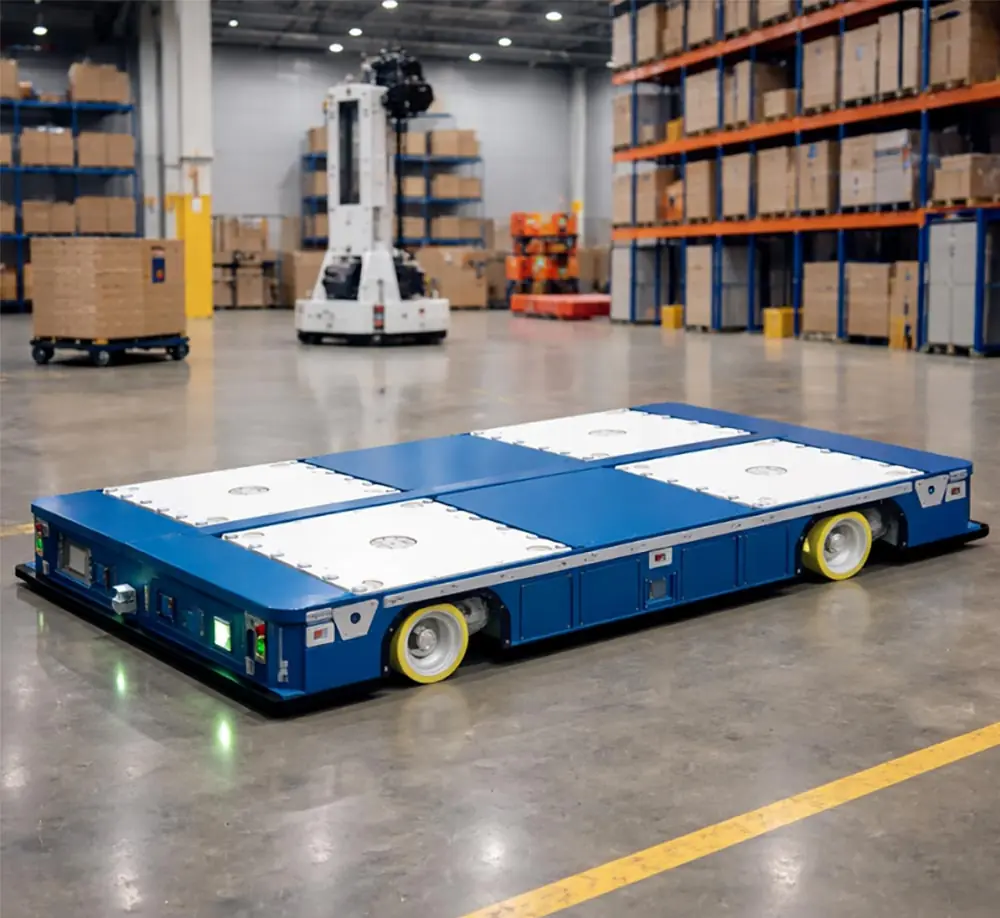 heavy-duty AGV industrial transfer cart operating in a modern automated warehouse-banner