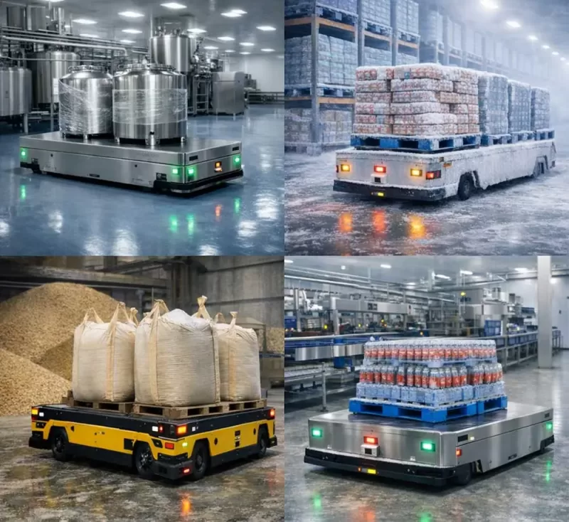 Heavy-duty AGV transporting materials in food industry including dairy processing plant, cold storage warehouse, grain handling facility, and beverage production line banner