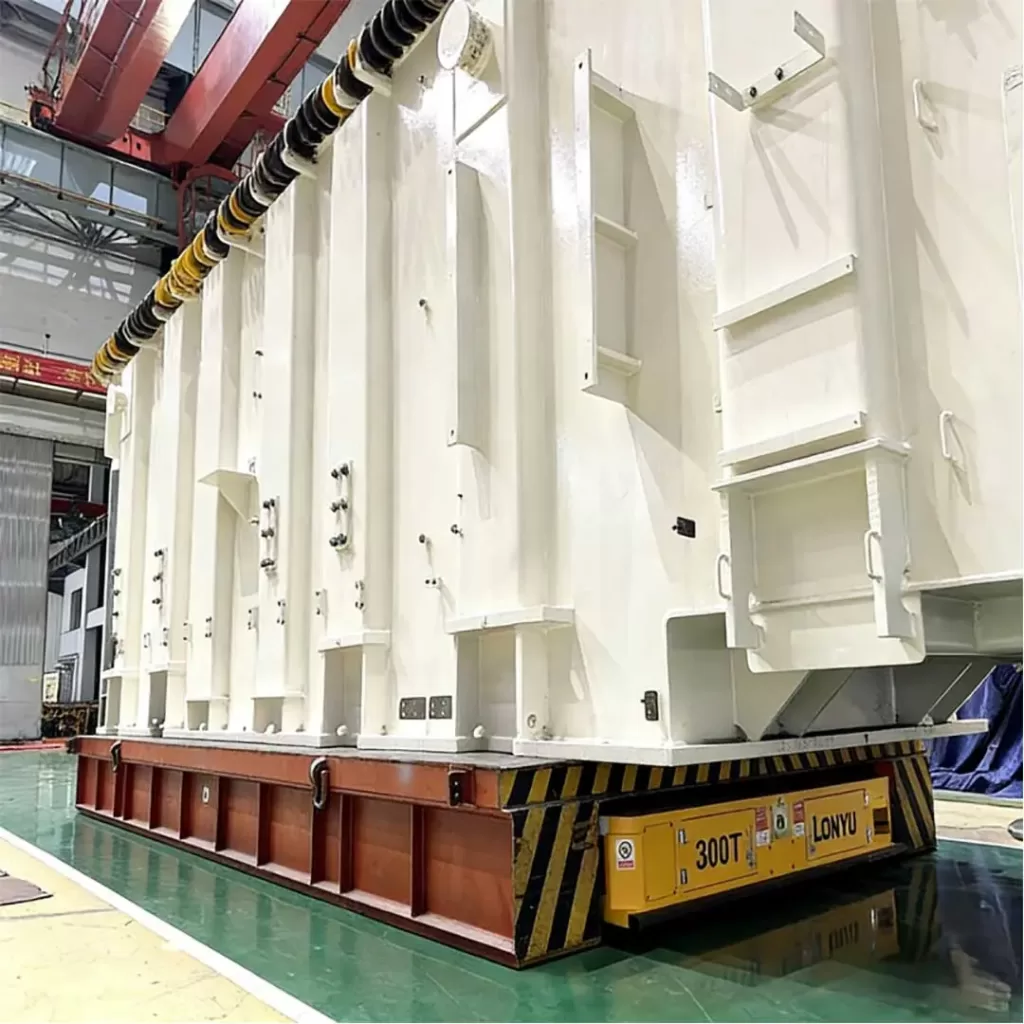 Automated Guided Vehicle handling oversized industrial payload on manufacturing floor