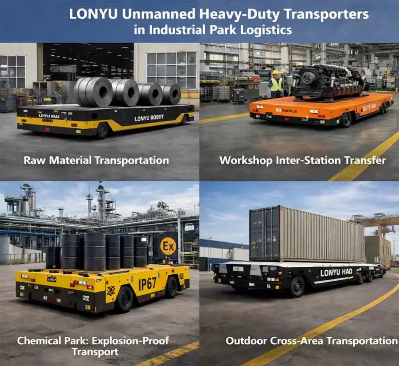 LONYU unmanned heavy-duty AGV transporters operating in industrial parks for raw material handling, workshop transfer, explosion-proof chemical transport, and outdoor container transportation.
