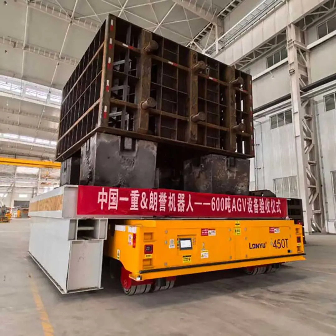 Heavy-duty AGV transporting 600-ton industrial mold in high-temperature manufacturing workshop with rugged chassis and autonomous navigation system by Lonyu Robotics