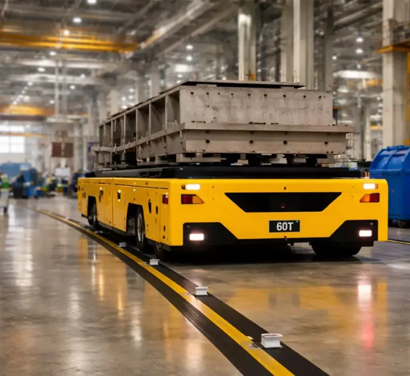 Heavy-duty AGV using magnetic navigation transporting large steel mold in industrial factory environment-banner