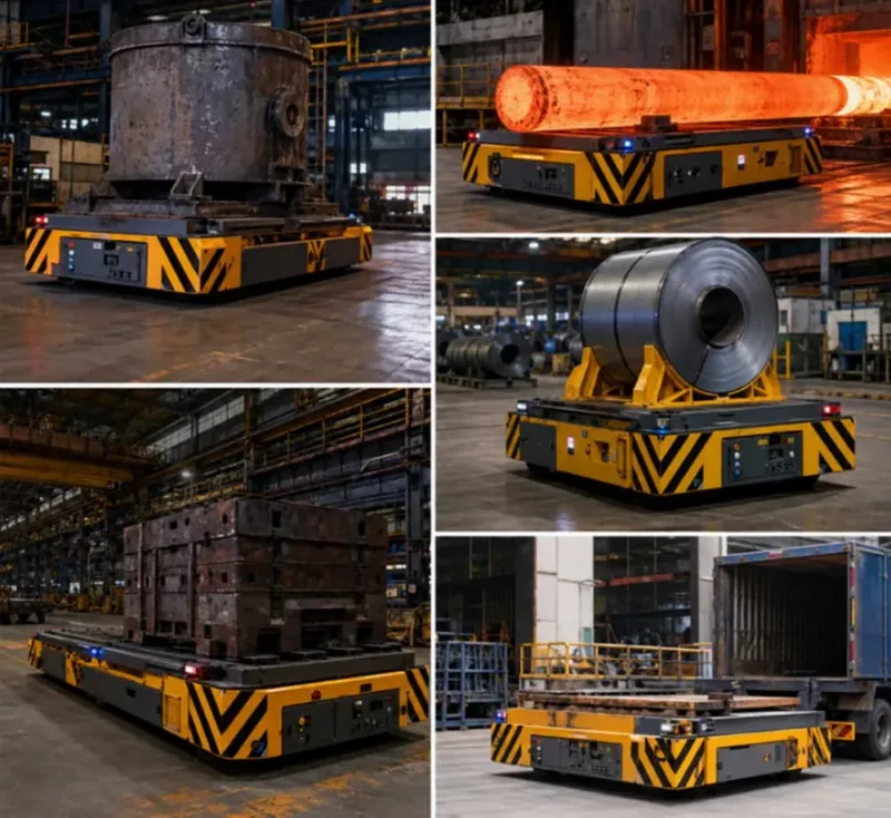 Heavy-duty AGV transporting steel coils and high-temperature billets in a metallurgical plant with automated material handling system-banner