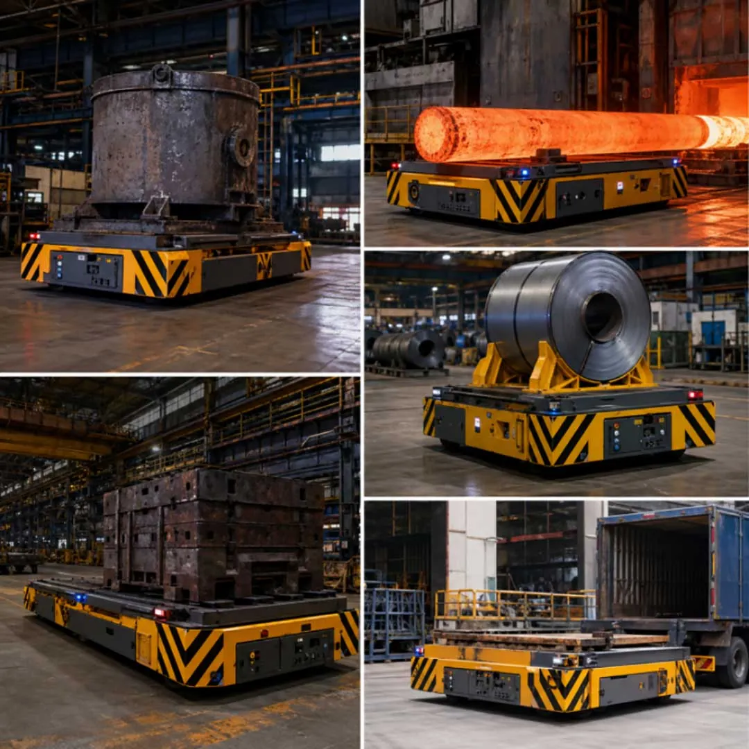 Heavy-duty AGV transporting steel coils and high-temperature billets in a metallurgical plant with automated material handling system