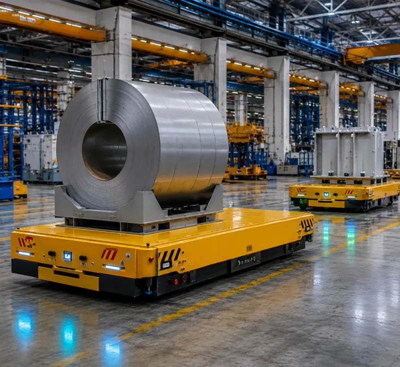 Heavy-duty AGV transporting steel coil in automated industrial warehouse fleet management system banner