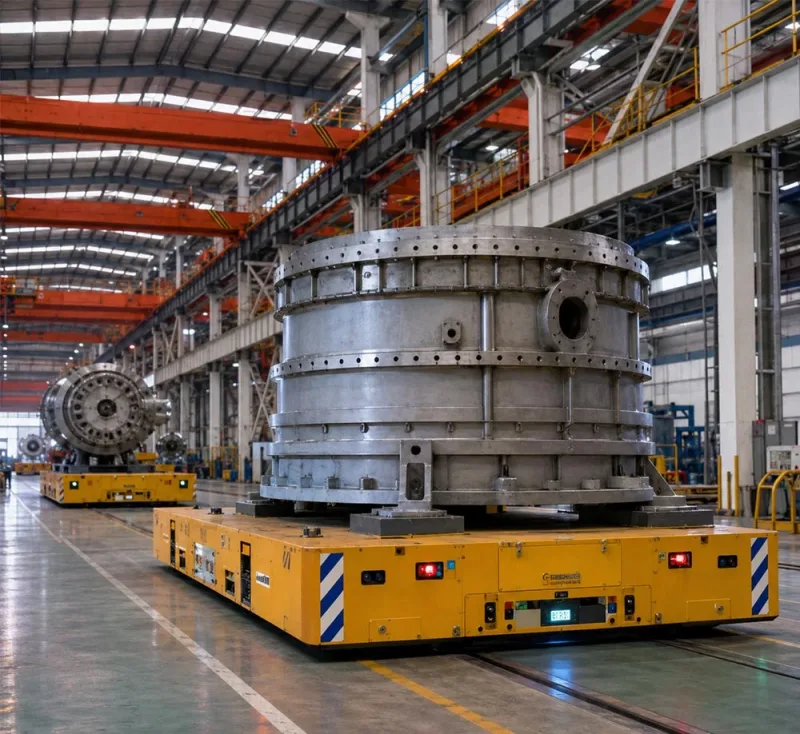Heavy-duty AGV transporting a large industrial metal component inside a smart factory warehouse with automated material handling system banner