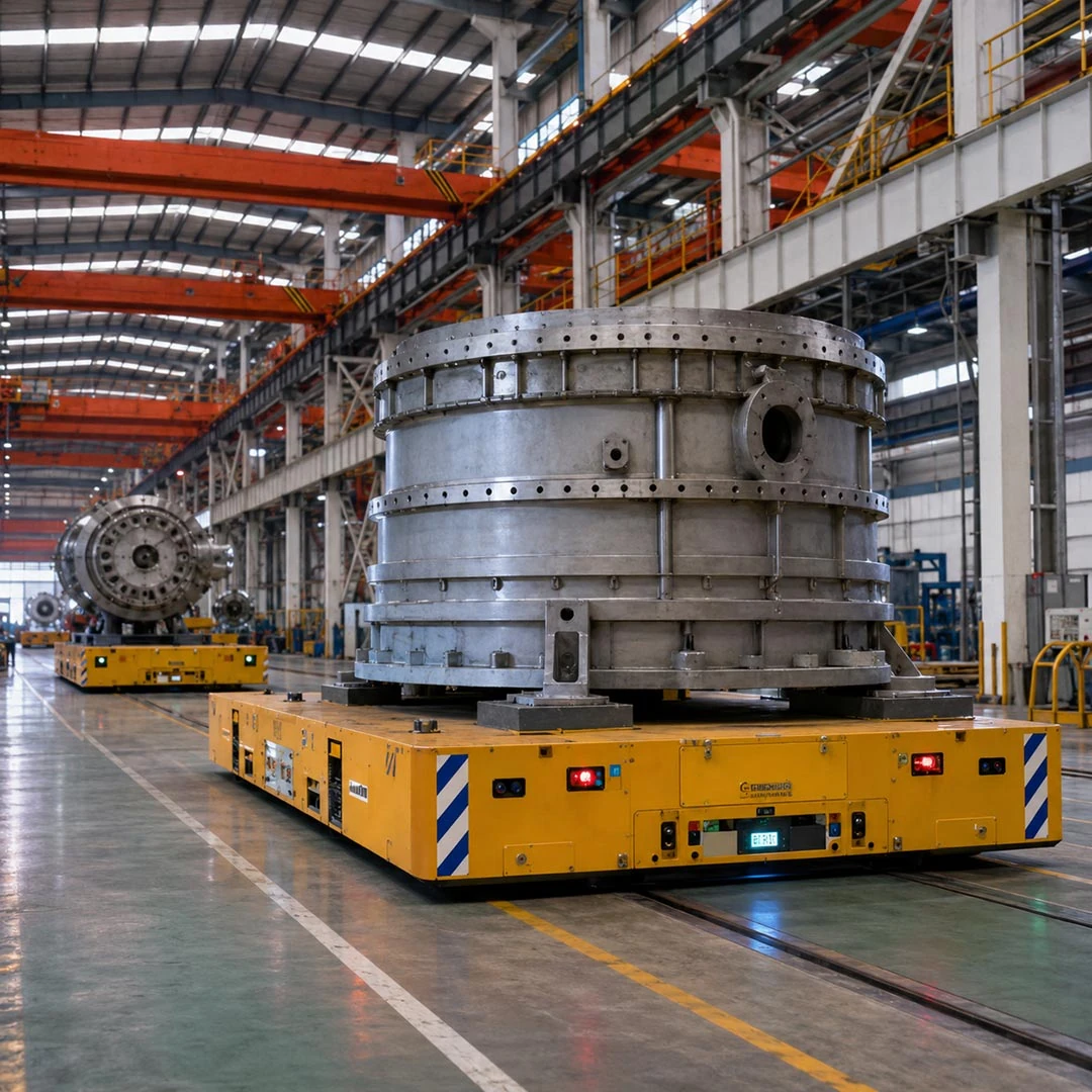 Heavy-duty AGV transporting a large industrial metal component inside a smart factory warehouse with automated material handling system