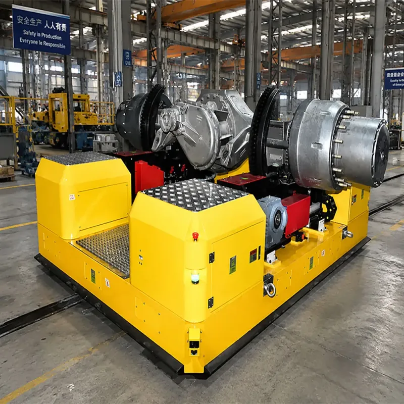 A yellow 5-ton heavy-duty AGV (Automated Guided Vehicle) transporting a large industrial component in a modern manufacturing factory, representing the future of heavy material handling beyond forklifts.