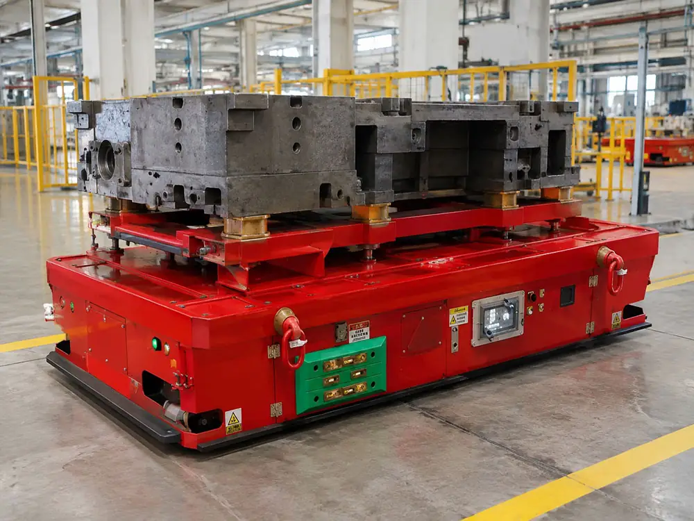 Lonyu Robot 10-ton capacity red automatic mold transfer vehicle with hydraulic lifting platform.