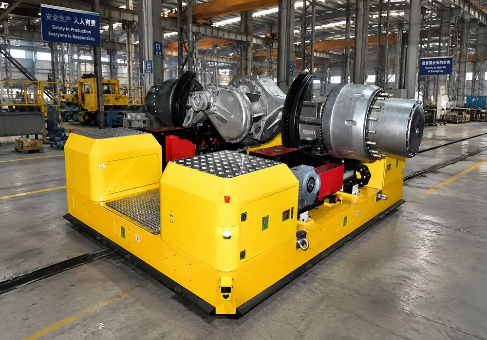 Detailed view of a Lonyu 5-ton backpack flip AGV carrying a heavy silver mechanical workpiece on a factory floor, showing its low-profile chassis and dual-drive steering system.
