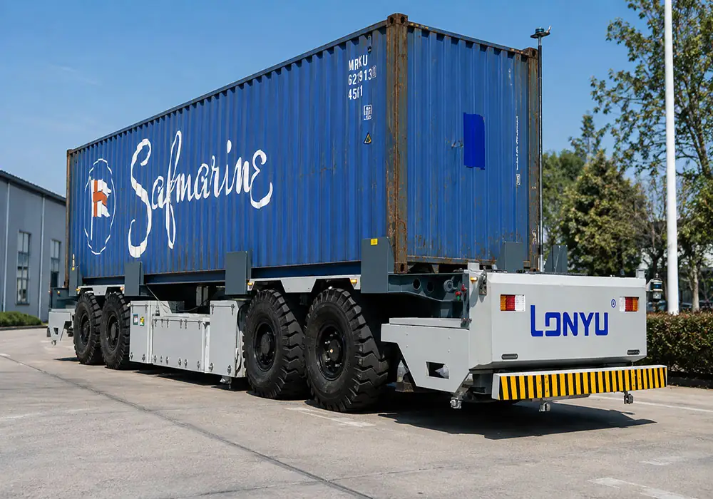 Rear view of the Lonyu LY-3-100T-612-B outdoor unmanned flatbed AGV, showing its multi-axle heavy-duty chassis and yellow-black safety bumper.n industrial yard under a clear sky.