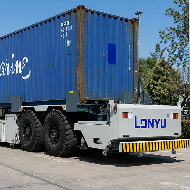 A Lonyu heavy-duty outdoor unmanned AGV transporting a blue Safmarine shipping container in an industrial yard under a clear sky.